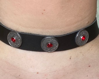 Black Leather Choker / 3 Red Gems / Florentine Center (Custom sized) up to a 20” neck size (good if you have a larger neck)