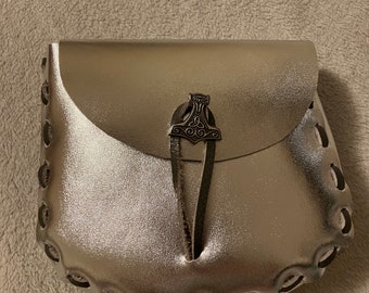 Pouch:  Metallic Silver Coloured Leather Medieval Style Pouch - Mjolnir (Thor’s Hammer)  design Closure