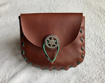 Pouch:  Chocolate Brown (with slight markings) Coloured Leather Medieval Style Pouch - Wheel Button Closure