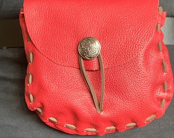 Pouch:  Red Coloured Soft Lambskin Leather Medieval Style Pouch with Celtic Dragon Closure