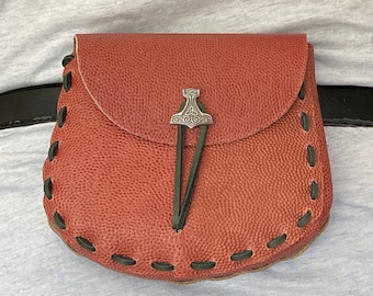 Pouch:  Firm TerraCotta Coloured Leather Medieval Style Pouch - Thor's Hammer Closure