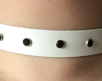 White Leather Choker / 7 black gemstones / custom sized