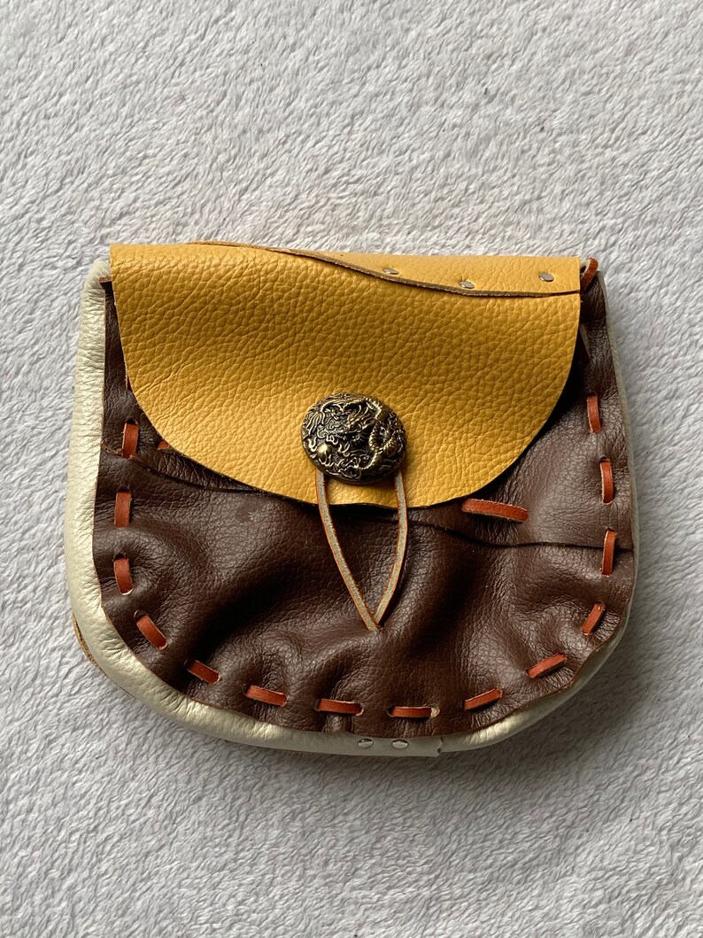 Pouch Bronze coloured Asian dragon Center Decorative Closure \u2014 Multi Coloured Leather Medieval Style Pouch
