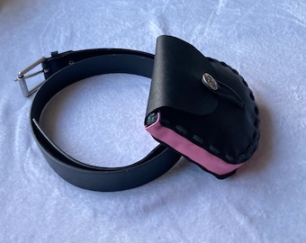 Pouch:  Black ‘slightly’ textured Leather & Pink Coloured Leather Medieval Style Pouch - Wizard Closure