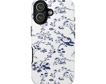 Funda para teléfono con diseño floral azul y blanco, funda para iPhone con diseño floral de inspiración vintage