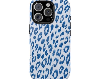 Custodia per telefono con stampa leopardata blu, cover con stampa animalier, iPhone 17 16 15 14 13, Samsung S25 S24, custodia carina e alla moda