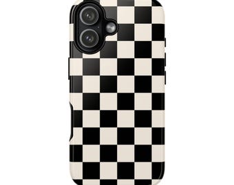 Black Checkerboard Phone Case, Black Checker Phone Cover, For iPhone 16 15 14 13 12 11, Samsung S25 S24 S23, Black and Cream
