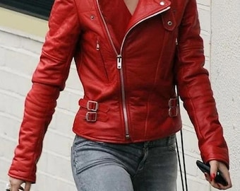 Chaqueta de cuero rojo de piel de cordero auténtica para mujer - Chaqueta de cuero rojo de motociclista de corte entallado - Regalo para ella - Chaqueta de invierno elegante hecha a mano para ella
