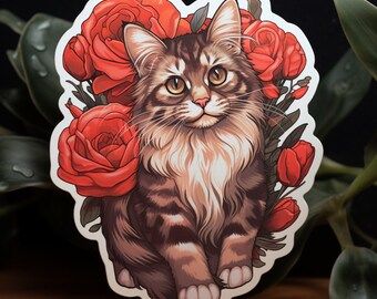 Cute Cat with Flowers Sticker Digital File