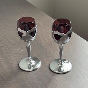 Art Deco Farber Bros Krome Kraft Vintage Glassware Amethyst Cambridge Glass Cordial Cocktail Glass Wine Glass with Chrome Stems - Set of 2