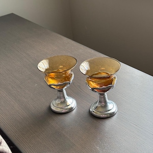 Art Deco Farber Bros by Krome Kraft Vintage Glassware Cambridge Amber Glass Cocktail Liqueur Cordial Wine Glasses with Chrome Stems