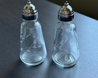 Princess House Heritage Clear Glass Vintage Salt and Pepper Shakers With Etched Glass Flowers