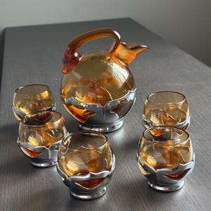 Art Deco Farber Bros by Krome Kraft Amber Cambridge Glass Decanter Set with 5 Shot Glasses Vintage Glassware Bar Ware Beverage Dispenser