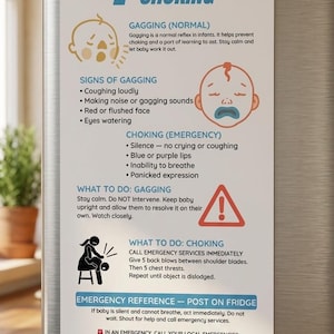May include: A rectangular informational poster titled GAGGING VS. CHOKING attached to a stainless steel refrigerator with four colorful magnets. The poster provides safety instructions, emergency contact numbers for the US, Canada, UK, and Europe.