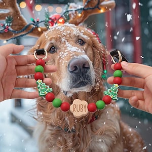 Könnte beinhalten: Ein Golden Retriever mit einem weihnachtlichen Halsband mit roten, grünen und Holzperlen. Das Halsband hat ein Holzschild mit dem Namen "RUBY". Der Hund trägt auch Rentiergeweih mit Lichtern, und es schneit.