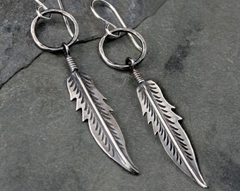 Feather Earrings, Solid Sterling Silver Dangle Earrings, Southwest Rustic Feathers with Open Circles, French Ear Wires