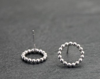 Open Circle Stud Earrings, Sterling Silver Bead Band Post Earrings, Minimalist Peekaboo Studs Shiny Finish