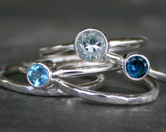 Sterling Silver Set of 5 Stacking Rings, Sky Blue Topaz, Swiss Blue Topaz & London Blue Topaz, Stackable Faceted Gemstone Rings