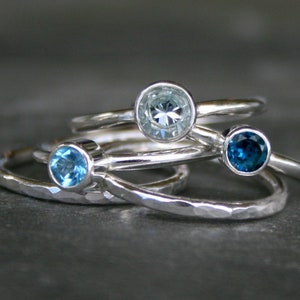 Sterling Silver Set of 5 Stacking Rings, Sky Blue Topaz, Swiss Blue Topaz & London Blue Topaz, Stackable Faceted Gemstone Rings