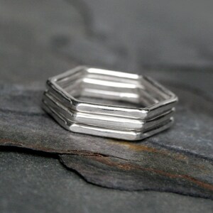 Geometric Stacking Rings, Set of 3 Solid Sterling Silver Rings, Hexagon Minimalist Design, Three Stackable Rings image 2