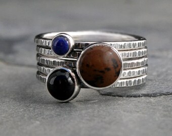 Earth Sky Stacking Rings, Mahogany Obsidian, Lapis Lazuli, Black Onyx, Sterling Silver Set of Five Ring Stackable Rings