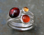 Maui Sunset Stacking Rings, Set of Three Sterling Silver Gemstone Rings, Garnet Citrine Carnelian Cabochons
