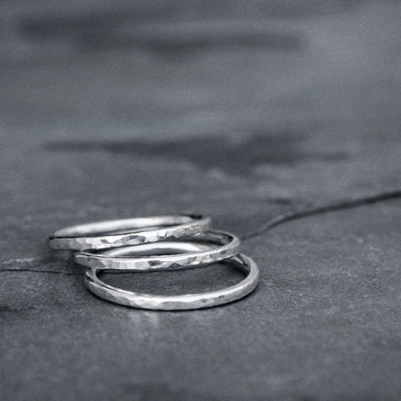 Sterling Silver Stacking Rings, Stack of Three Hammered Ring Bands, Shiny Polish Faceted Texture Finish image 3