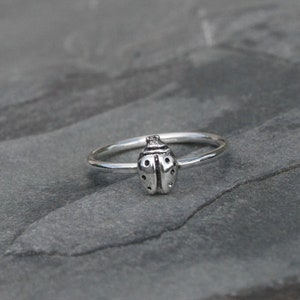 Ladybug Ring Sterling Silver Stacking Ring, Lucky Lady Bug Stackable Minimalist Midi Ring, Good Luck Talisman image 2