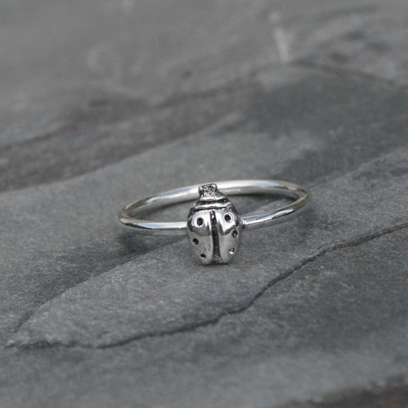 Ladybug Ring Sterling Silver Stacking Ring, Lucky Lady Bug Stackable Minimalist Midi Ring, Good Luck Talisman image 2