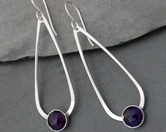 Amethyst Teardrop Earrings, Sterling Silver Gemstone Earrings, Round 8mm Rose Cut Purple Amethyst Cabochons, Dangle Drop Minimalist Earrings