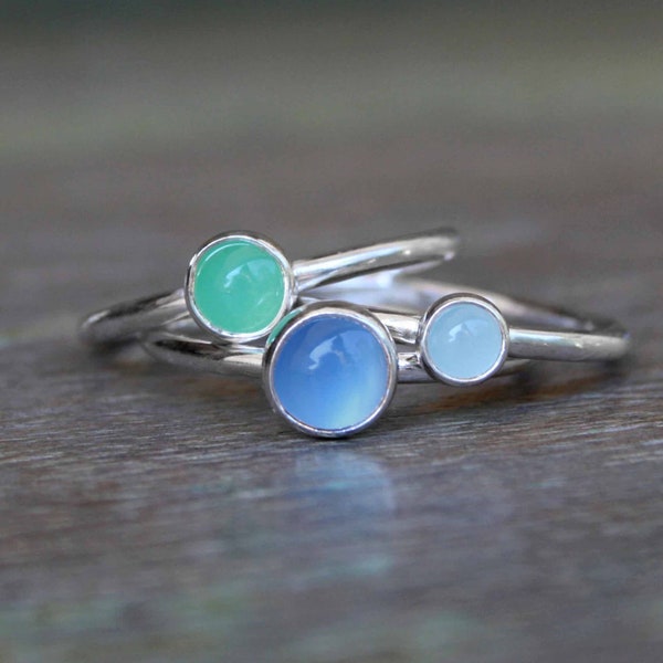 Set of Three Sterling Silver Stacking Rings, Stackable Gemstone Rings, Blue Chalcedony, Green Chrysoprase, Aquamarine Cabochons