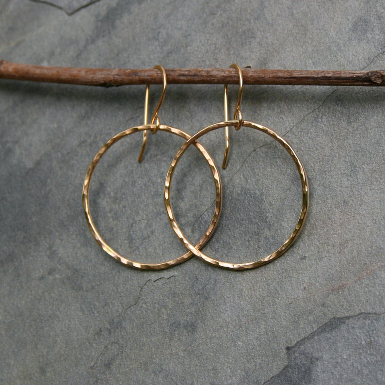 Small Eternity Earrings, 14k Gold Filled Hoops, Round Hoops, Hammered Yellow 14 Karat Gold Filled, Dangle Hoop, image 3