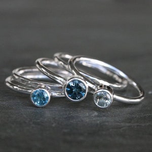 Blue Topaz Stacking Rings, Set of 5 Sterling Silver Faceted Gemstone Rings, London Blue Topaz, Swiss Blue Topaz, Sky Blue Topaz Ocean Blue image 4