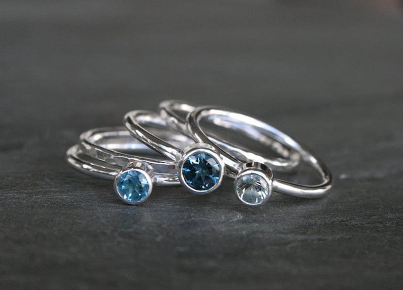 Blue Topaz Stacking Rings, Set of 5 Sterling Silver Faceted Gemstone Rings, London Blue Topaz, Swiss Blue Topaz, Sky Blue Topaz Ocean Blue image 4