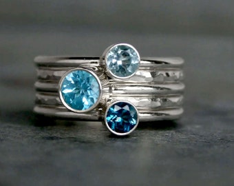 Ocean Blue Stacking Rings, Set of Five Gemstone Stacking Rings Sterling Silver, Faceted Swiss Blue Topaz, London Blue Topaz & Sky Blue Topaz