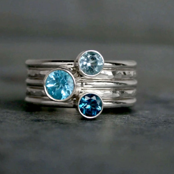 Ocean Blue Stacking Rings, Set of Five Gemstone Stacking Rings Sterling Silver, Faceted Swiss Blue Topaz, London Blue Topaz & Sky Blue Topaz