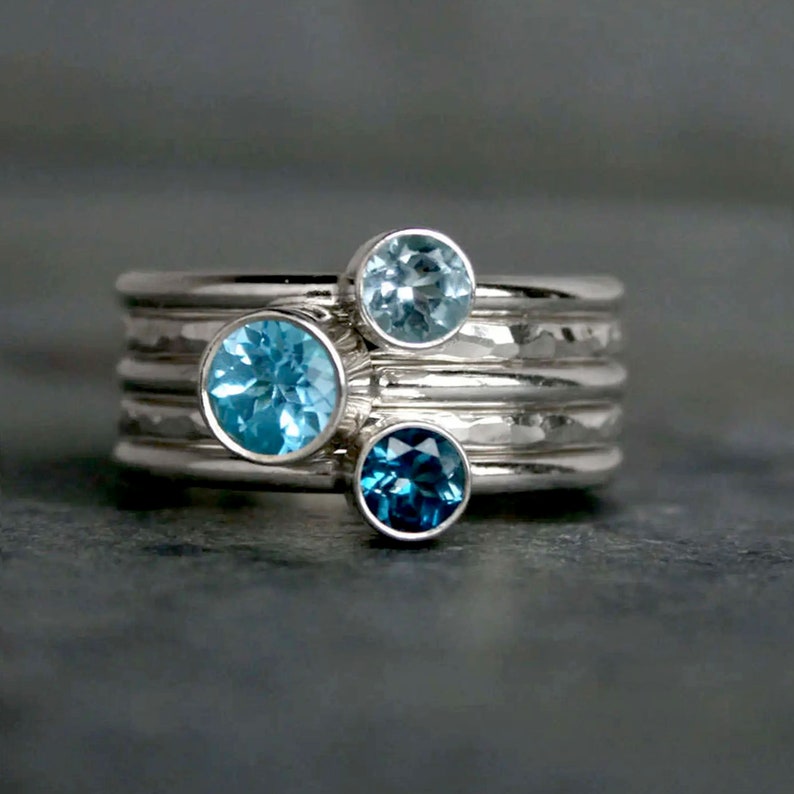 Ocean Blue Stacking Rings, Set of Five Gemstone Stacking Rings Sterling Silver, Faceted Swiss Blue Topaz, London Blue Topaz & Sky Blue Topaz image 1