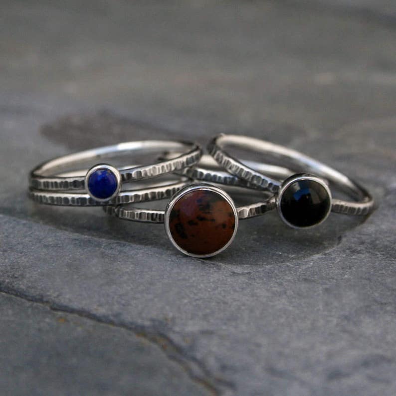 Mahogany Obsidian Black Onyx Sterling Silver Set of Five Ring Stackable Rings Lapis Lazuli Earth Sky Stacking Rings