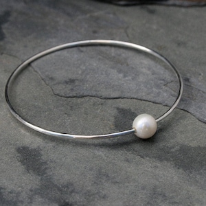 Pearl Bangle Sterling Silver, White Natural Freshwater Pearl Stacking Bracelet