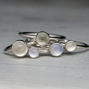 Moonstone, Chalcedony, Prasiolite Stacking Rings, Set of 5 Sterling Silver Stackable Rings, Luminous Cabochon Gemstones image 2