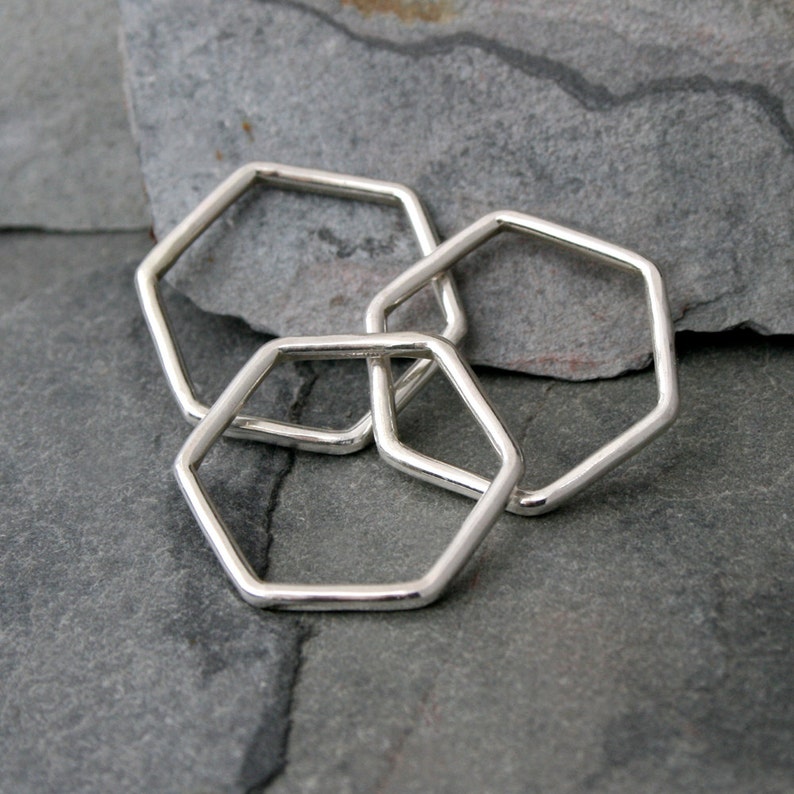Geometric Stacking Rings, Set of 3 Solid Sterling Silver Rings, Hexagon Minimalist Design, Three Stackable Rings image 3