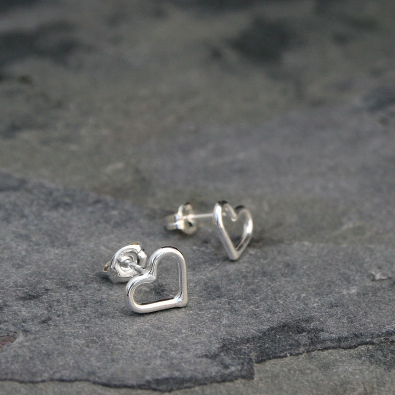 Little Heart Earrings, Sterling Silver Stud Post Earrings, Open Heart Love, Artisan Handmade Earrings image 2