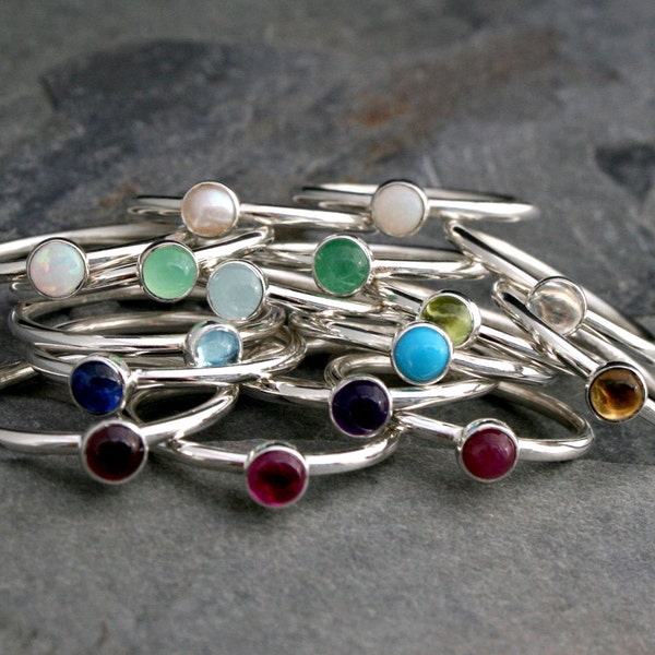 4mm Birthstone Stacking Rings, Sterling Silver Gemstone Custom Rings, Stackable Personalized Cabochon Rings, Create Your Own Set, Singles