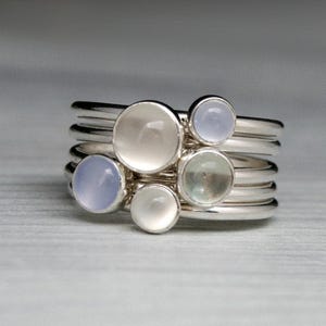 Moonstone, Chalcedony, Prasiolite Stacking Rings, Set of 5 Sterling Silver Stackable Rings, Luminous Cabochon Gemstones