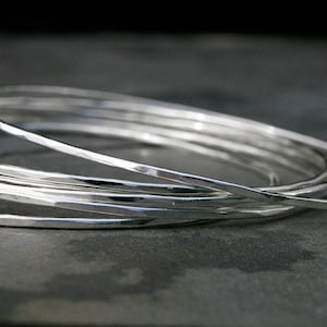 6 Sterling Silver Bangles, Six Slender Skinny Stackable Bangles, Shiny Finish Hammered Stacking Bracelets, Set of Six