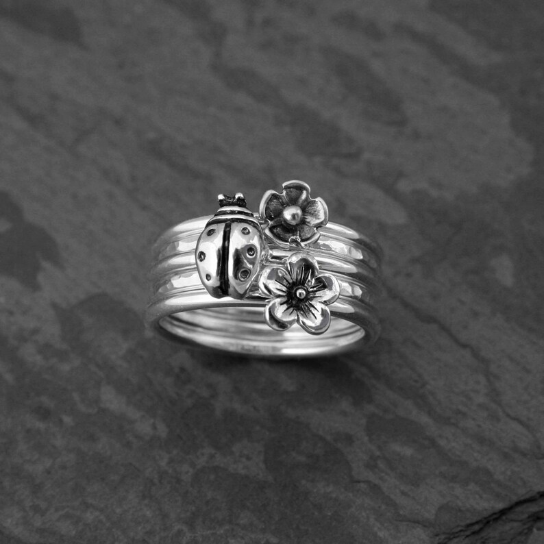 Garden Botanical Stacking Rings, Sterling Silver Set of 5 Rings, Lucky Ladybug & Spring Flowers, Gardener Gift image 6