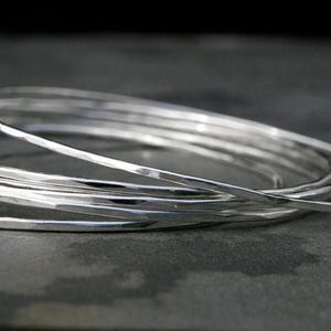 Hammered Sterling Silver Bangles: Set of Six Skinny Stackable Bracelets