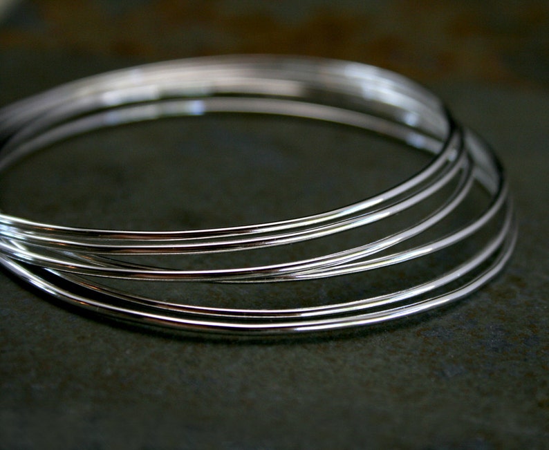 Set of 6 Sterling Silver Stacking Bangles, Six Stackable Skinny Bracelets, Smooth Shiny Finish, Solid Sterling Silver Slender Bangles image 3