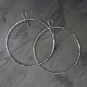 Large Eternity Earrings, Sterling Silver Hoops, Round Hoops, Hammered texture, Dangle Hoops, Round Minimalist, French Ear Wire image 4