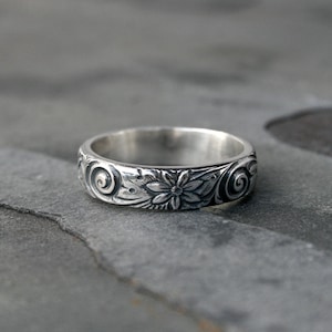 Flower Spiral Sterling Silver Ring Band, Etched Patterned Stacking Ring, Floral Swirl Pattern, Wedding, Engagement, Promise image 1